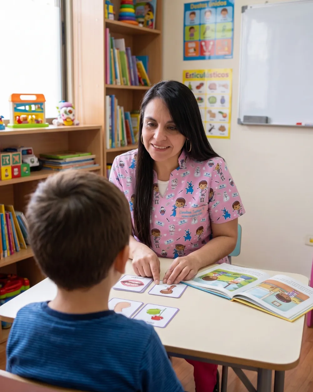 Carolina Zúñiga acompañando a un niño con material de lectura y tarjetas de articulación, en un espacio con libros y láminas de apoyo